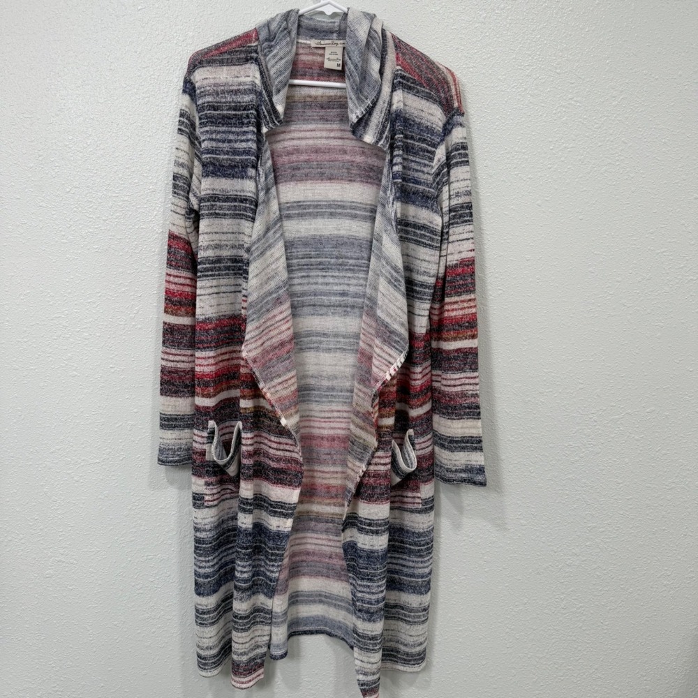 American Rag Striped Hooded Cardigan Sweater Women‎ M Open Front Pockets